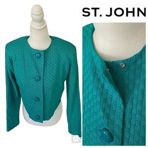 St. John | Green Basketweave Santana Knit Button Down Cropped Sweater Small